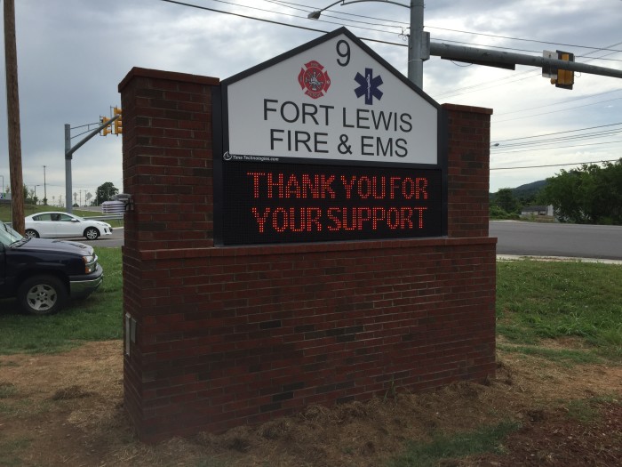 New LED sign installed at Fort Lewis Fire and EMS Station in the Glenvar area of Roanoke County, VA.  The display has wireless communications.