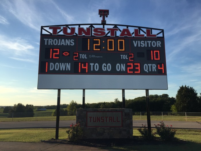 Tunstall High School Updated their football scoreboard with Time Technologies, Inc.  This 26' long scoreboard features Red and Amber LED lighting along with an impressive truss sign.