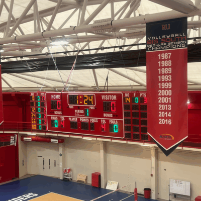 Radford Project Installation by Time Technologies Showing Suspended Scoreboard Inside Basketball Gym