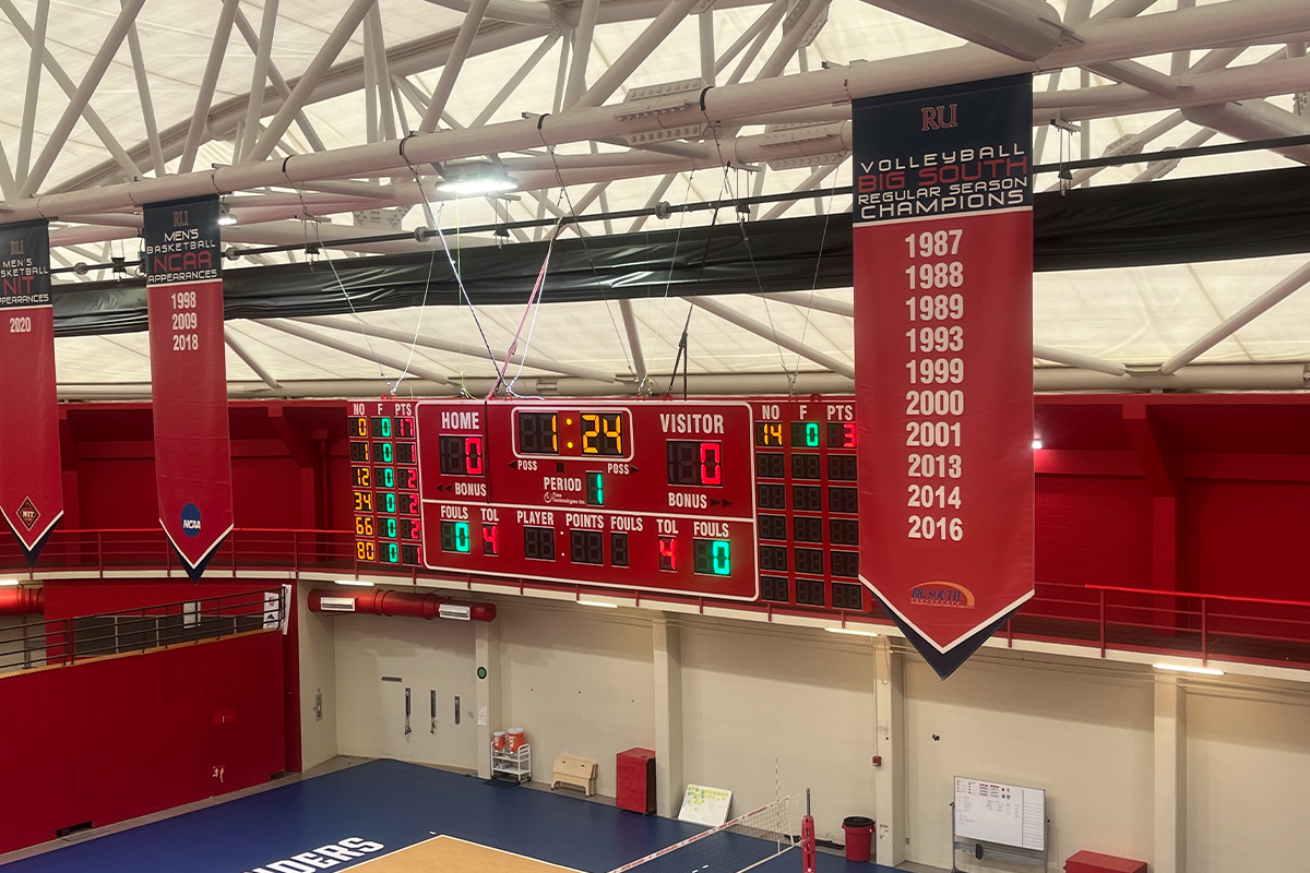 Radford Project Installation by Time Technologies Showing Suspended Scoreboard Inside Basketball Gym